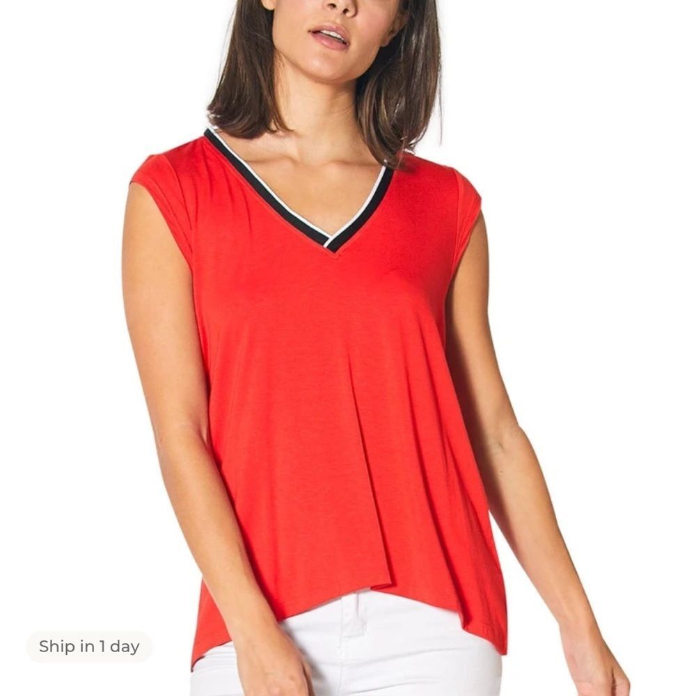 Ro & De Sleeveless V Neck Tank Hi Low Hemline Red Black Cutout Open Back